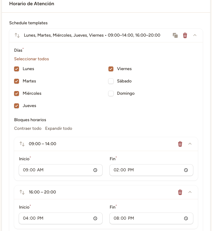 Ficha del doctor con la pestaña Horarios seleccionada