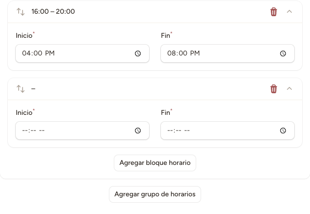 Formulario para añadir un bloque horario con día, hora inicio y hora fin