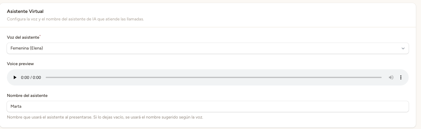 Sección de configuración del proveedor de voz con los campos de selección de proveedor, ID de voz y modelo