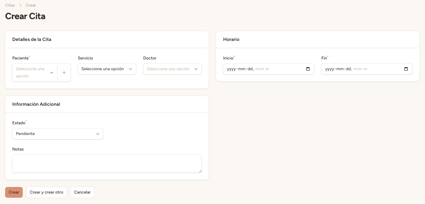 Selector de servicio con lista desplegable de servicios activos
