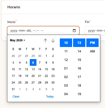 Calendario de fechas con días disponibles en color y sin hueco en gris, y selector de hora