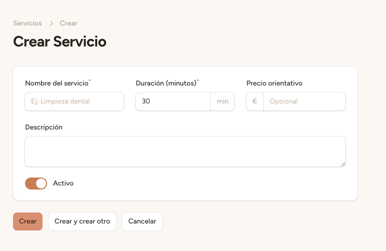 Formulario de nuevo servicio con campos de nombre, duración, precio, descripción y doctores asignados